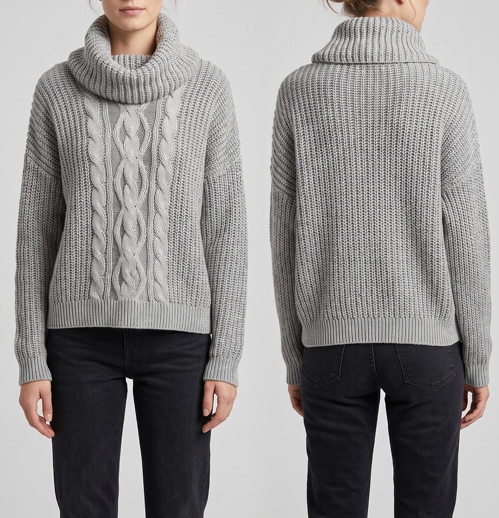 Bobi Black Los Angeles Medium Chunky Knit Cowl Neck Sweater Cable Center Panel